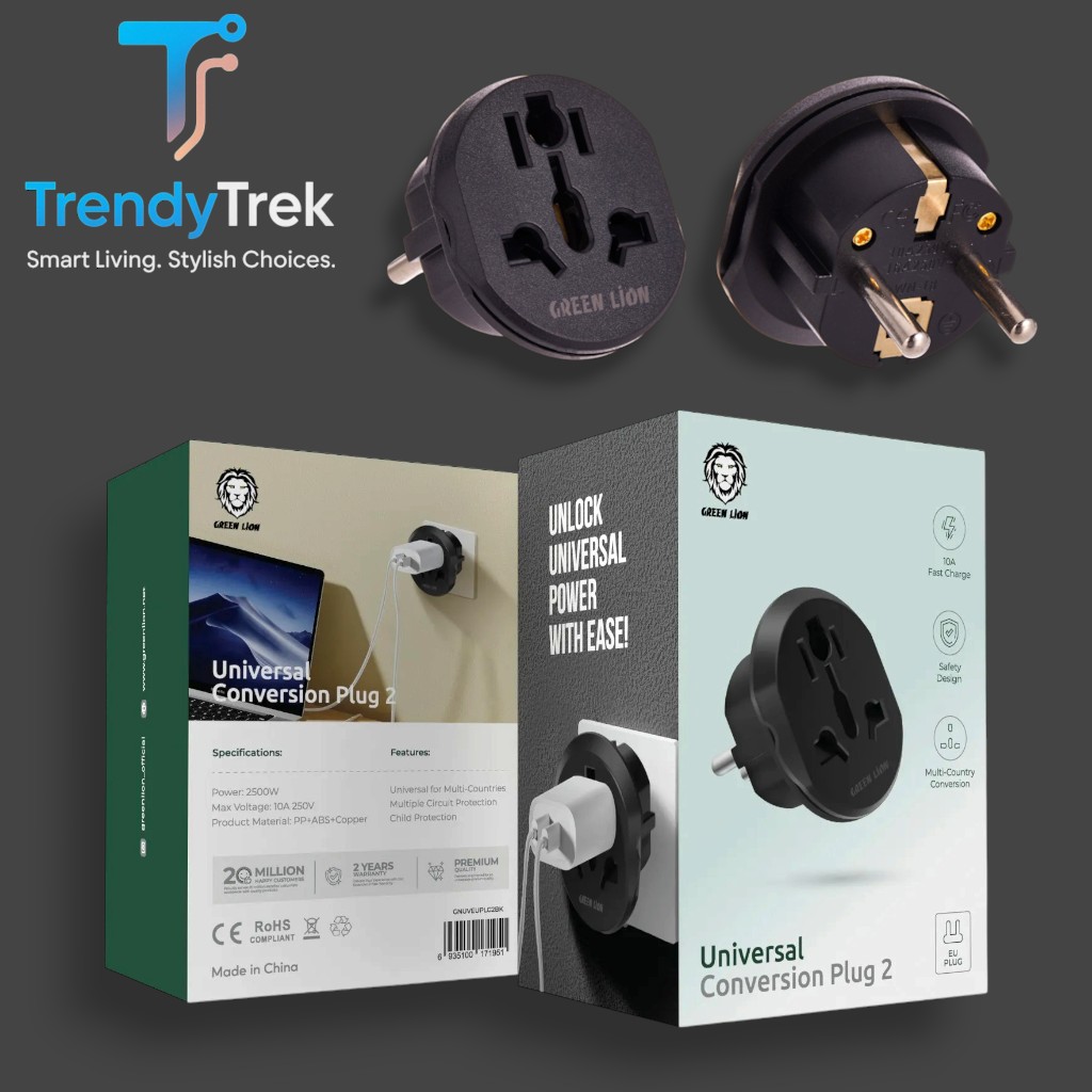 Green Lion Universal Conversion EU Plug 2 – 2500W Multi-Country Travel Adapter – Black