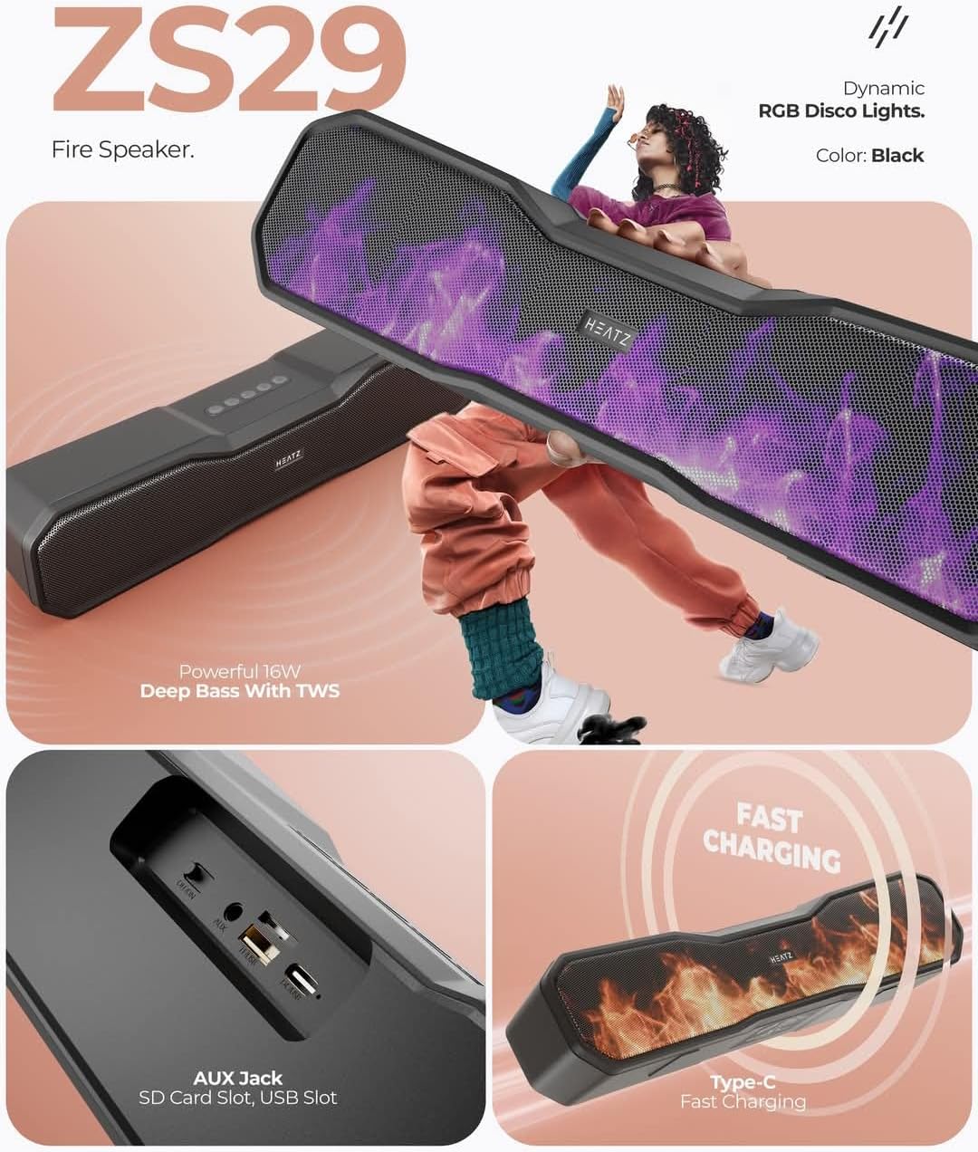 HEATZ ZS29 Disco Soundbar 16W Bluetooth Speaker with RGB Lighting & FM Radio - Image 4