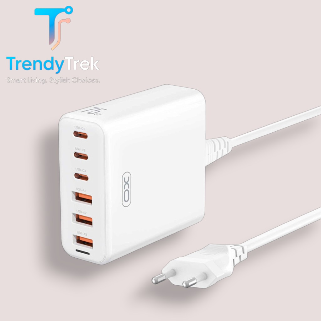 XO L133 75W GaN Desktop Charger with 3 USB-C & 3 USB-A Ports – White - Image 2