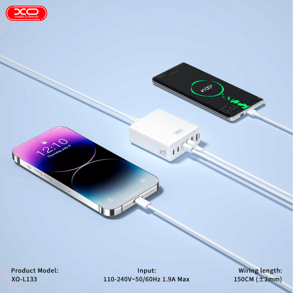 XO L133 75W GaN Desktop Charger with 3 USB-C & 3 USB-A Ports – White - Image 5
