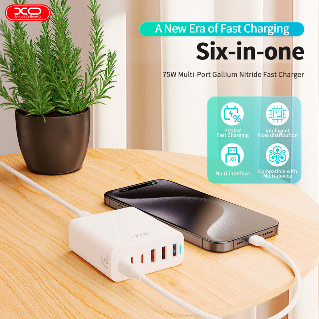 XO L133 75W GaN Desktop Charger with 3 USB-C & 3 USB-A Ports – White - Image 4