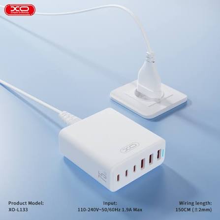 XO L133 75W GaN Desktop Charger with 3 USB-C & 3 USB-A Ports – White - Image 6